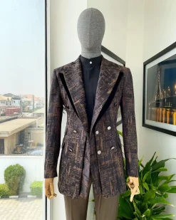 A “Made In Lagos”, Quad peak lapel, triple breasted metallic jacquard blazer suit