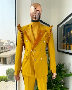 A “Made in Lagos” Wing Flare, Quad peak lapel, triple breasted metallic jacquard blazer suit