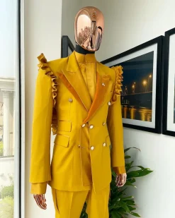 A “Made in Lagos” Wing Flare, Quad peak lapel, triple breasted metallic jacquard blazer suit