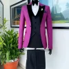A Magenta, one button, peak lapel tuxedo jacquard suit.