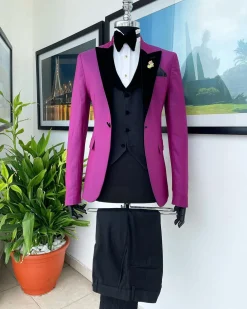 A Magenta, one button, peak lapel tuxedo jacquard suit.