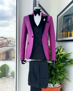 A Magenta, one button, peak lapel tuxedo jacquard suit.
