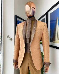 A “Mandarin” burlywood brown floral pattern jacquard suit