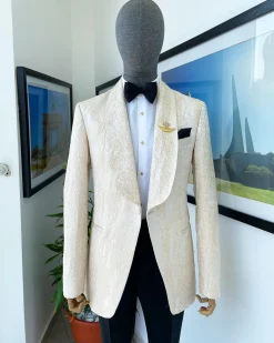 A “Mandarin” dispersed gold abd ivory ruffle pattern shawl lapel jacquard suit