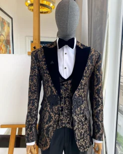 A “Mandarin” floral black and tortilla brown Peak Lapel with black soaked Italian velvet