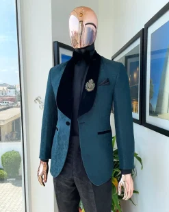 A “Mandarin” floral Sacramento green shawl Lapel tuxedo suit