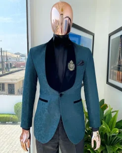 A “Mandarin” floral Sacramento green shawl Lapel tuxedo suit