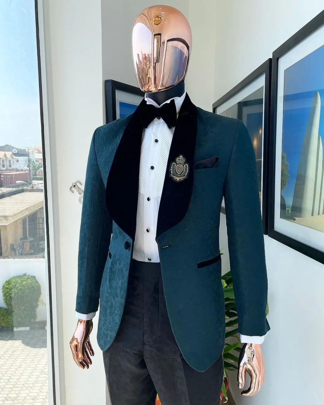A “Mandarin” floral Sacramento green shawl Lapel tuxedo suit