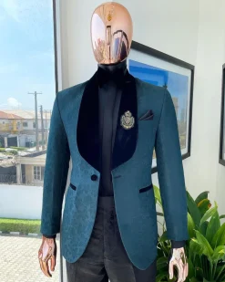 A “Mandarin” floral Sacramento green shawl Lapel tuxedo suit