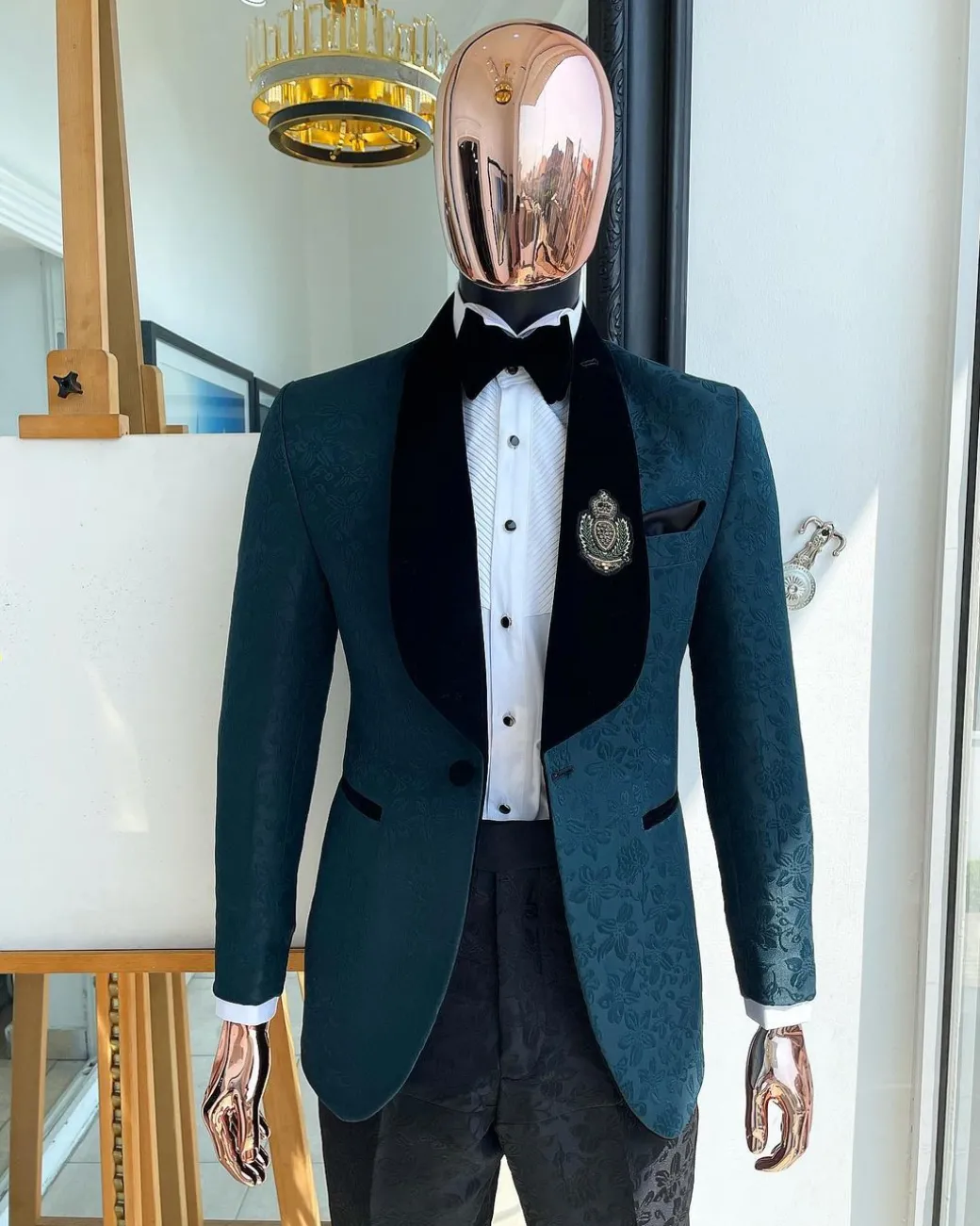 A “Mandarin” floral Sacramento green shawl Lapel tuxedo suit