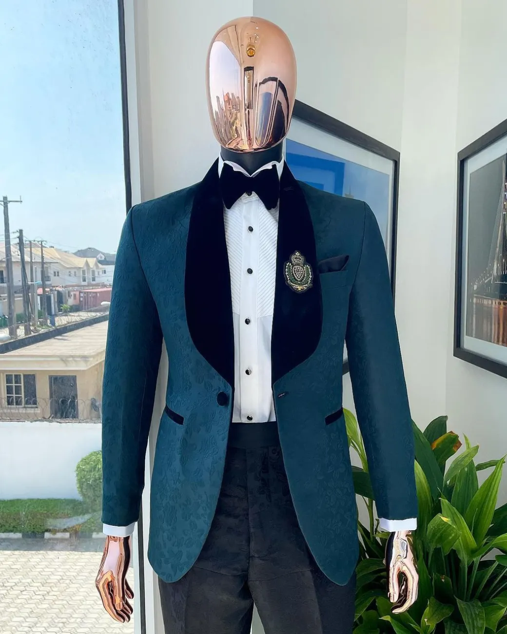 A “Mandarin” floral Sacramento green shawl Lapel tuxedo suit