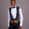 A “Mandarin” Gold And Navy Blue U-Shaped Shawl Lapel Floral Jacquard Tuxedo Waistcoat.