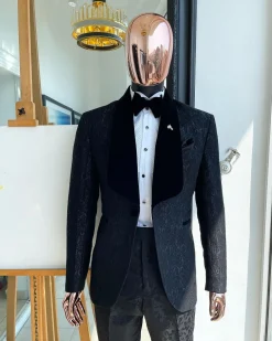 A “Mandarin” ocean element dispersed charcoal black ruffle pattern shawl lapel tuxedo jacquard suit