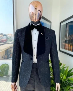 A “Mandarin” ocean element dispersed charcoal black ruffle pattern shawl lapel tuxedo jacquard suit