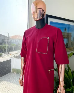 A Maroon red, combat pocket gold zip detailing african traditional senator kaftan native