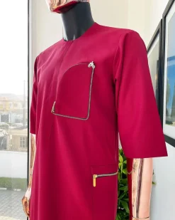 A Maroon red, combat pocket gold zip detailing african traditional senator kaftan native