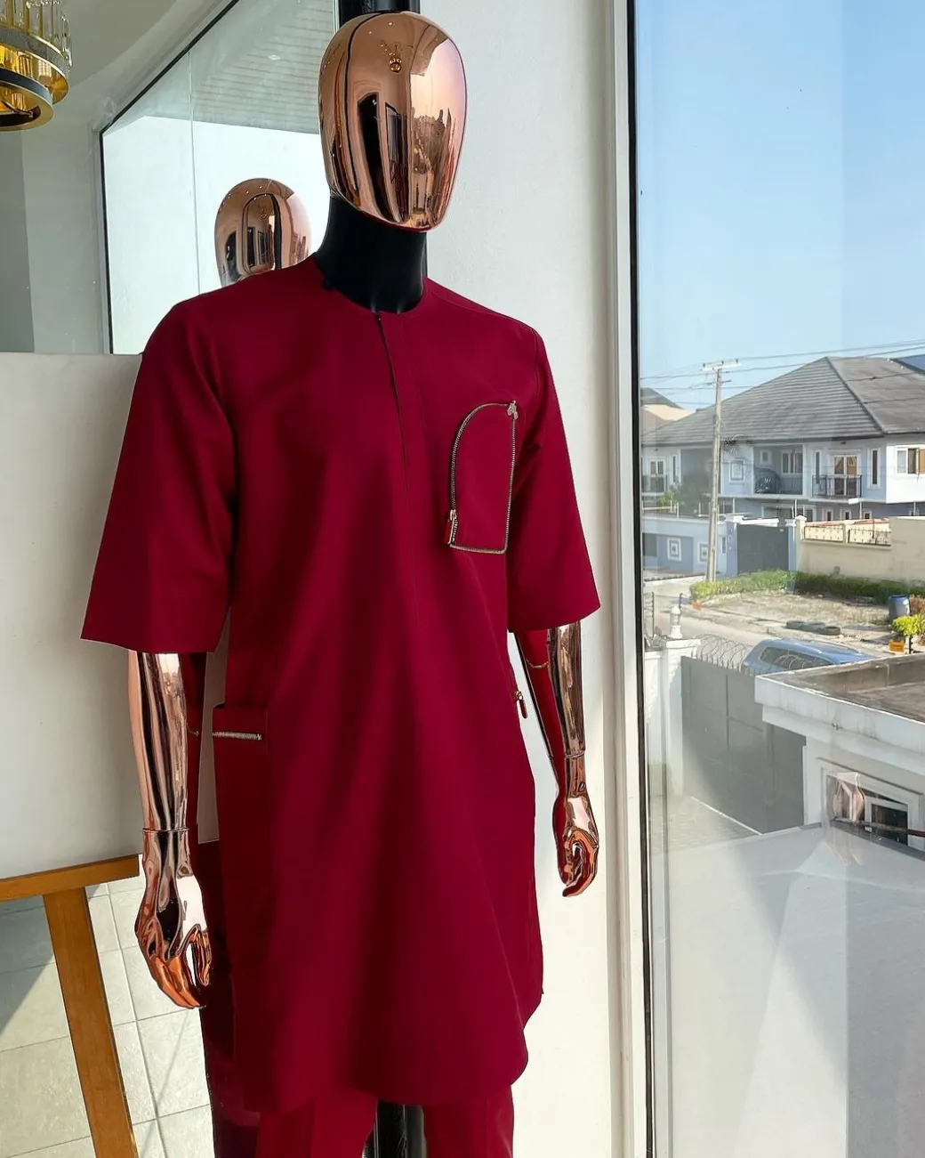 A Maroon red, combat pocket gold zip detailing african traditional senator kaftan native