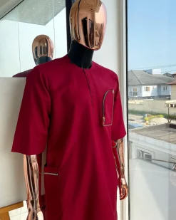 A Maroon red, combat pocket gold zip detailing african traditional senator kaftan native
