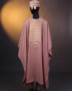 A Mauve, connected square embroidery design with matching gold Swarovski stone details agbada