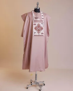 A Mauve, Machine Cluster Embroidery Design With Black Swarovski Stone Details Agbada.