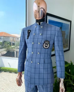 A Maya and steel blue windowpane check “preacher” double breasted safari suit
