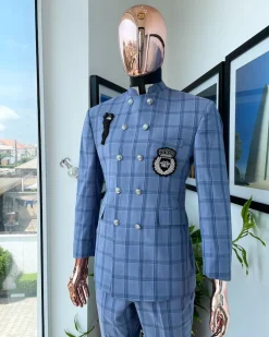 A Maya and steel blue windowpane check “preacher” double breasted safari suit