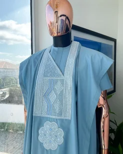 A Maya Blue, Undulating Connected Squares Embroidery Design Agbada