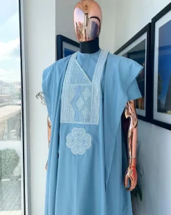 A Maya Blue, Undulating Connected Squares Embroidery Design Agbada