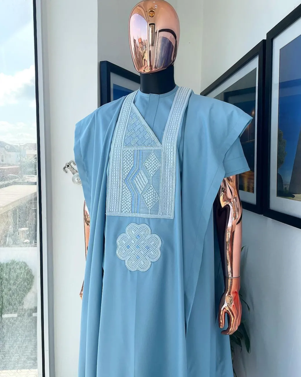 A Maya Blue, Undulating Connected Squares Embroidery Design Agbada