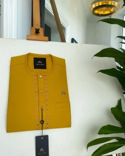 A Medallion yellow, Tiny Flap with a Swarovski button and embroidery details African traditional senator kaftan native & Sokoto