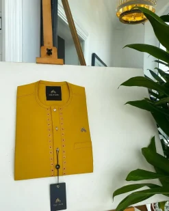 A Medallion yellow, Tiny Flap with a Swarovski button and embroidery details African traditional senator kaftan native & Sokoto