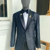 A Metallic Midnight blue and black broom pattern jacquard shawl lapel tuxedo suit