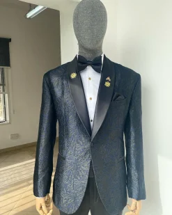 A Metallic Midnight blue and black broom pattern jacquard shawl lapel tuxedo suit