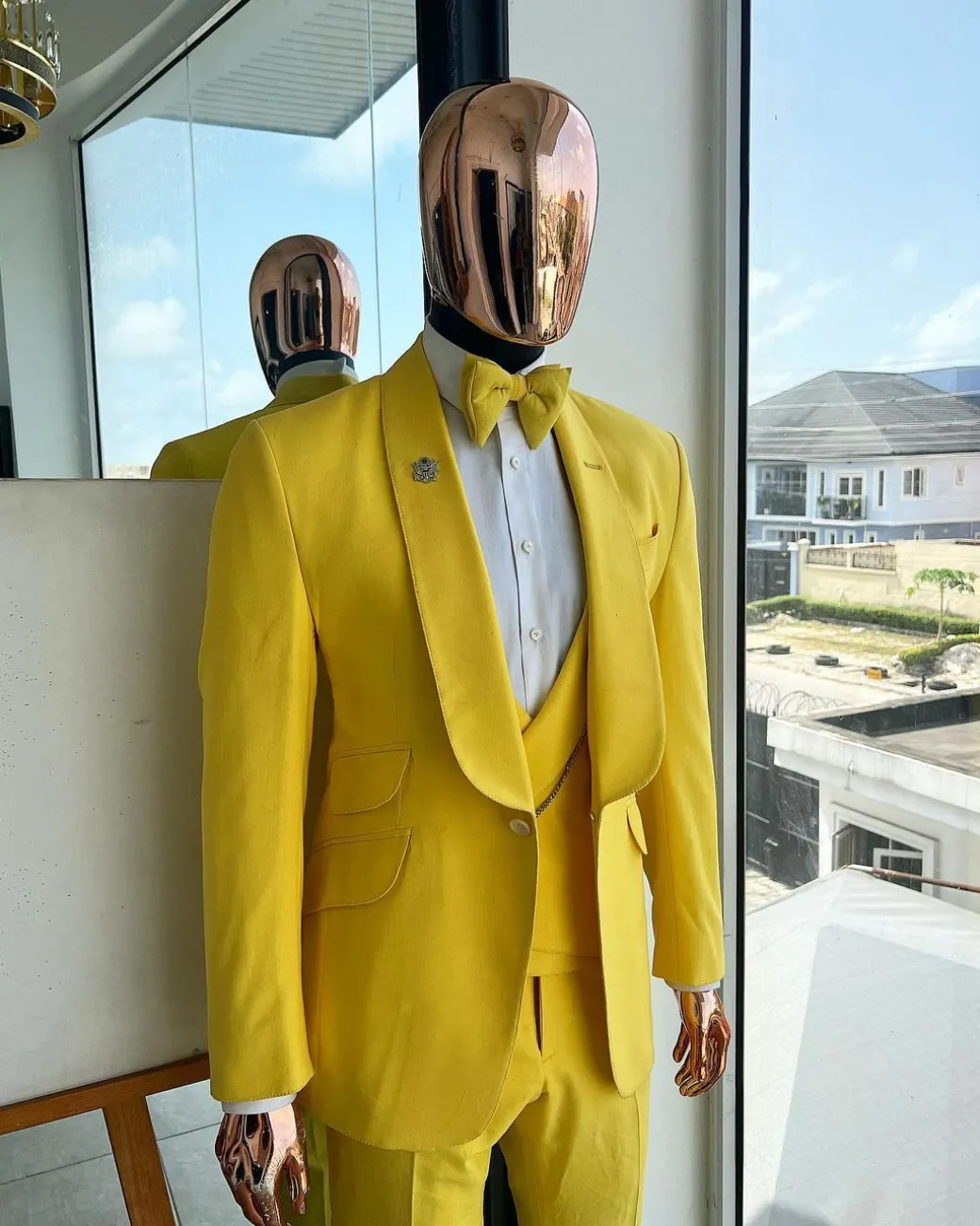 A Middle yellow linen shawl lapel jacket, cross cut unbalanced wrapped waistcoat, bow tie & Gurkha pant Trouser