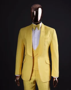 A Middle yellow linen shawl lapel jacket, cross cut unbalanced wrapped waistcoat, bow tie & Gurkha pant Trouser