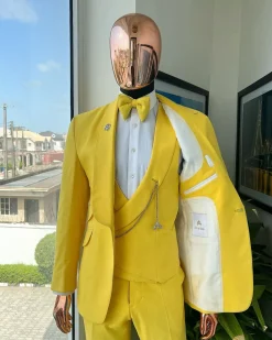A Middle yellow linen shawl lapel jacket, cross cut unbalanced wrapped waistcoat, bow tie & Gurkha pant Trouser