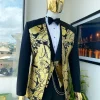 A Mid-mix cut charcoal black and gold floral metallic “Mandarin” lapel-less blazer jacquard suit