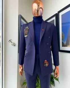 A Midnight Blue and Red Stripe Double Breasted Blazer Suit.