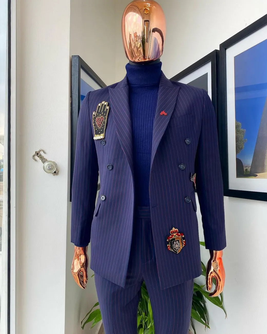 A Midnight Blue and Red Stripe Double Breasted Blazer Suit.
