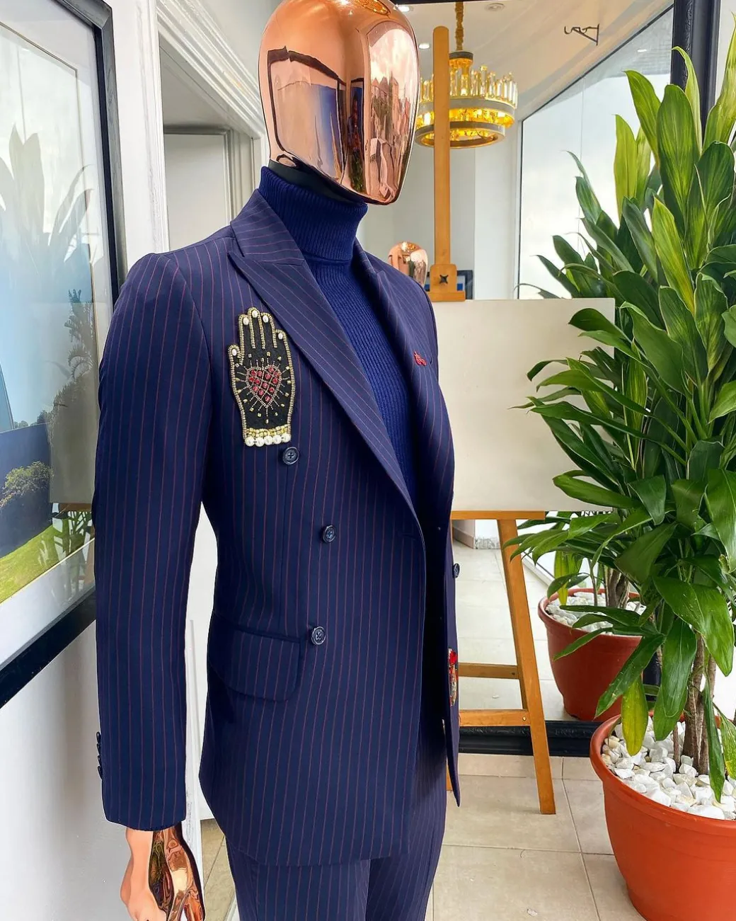 A Midnight Blue and Red Stripe Double Breasted Blazer Suit.