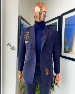 A Midnight Blue and Red Stripe Double Breasted Blazer Suit.