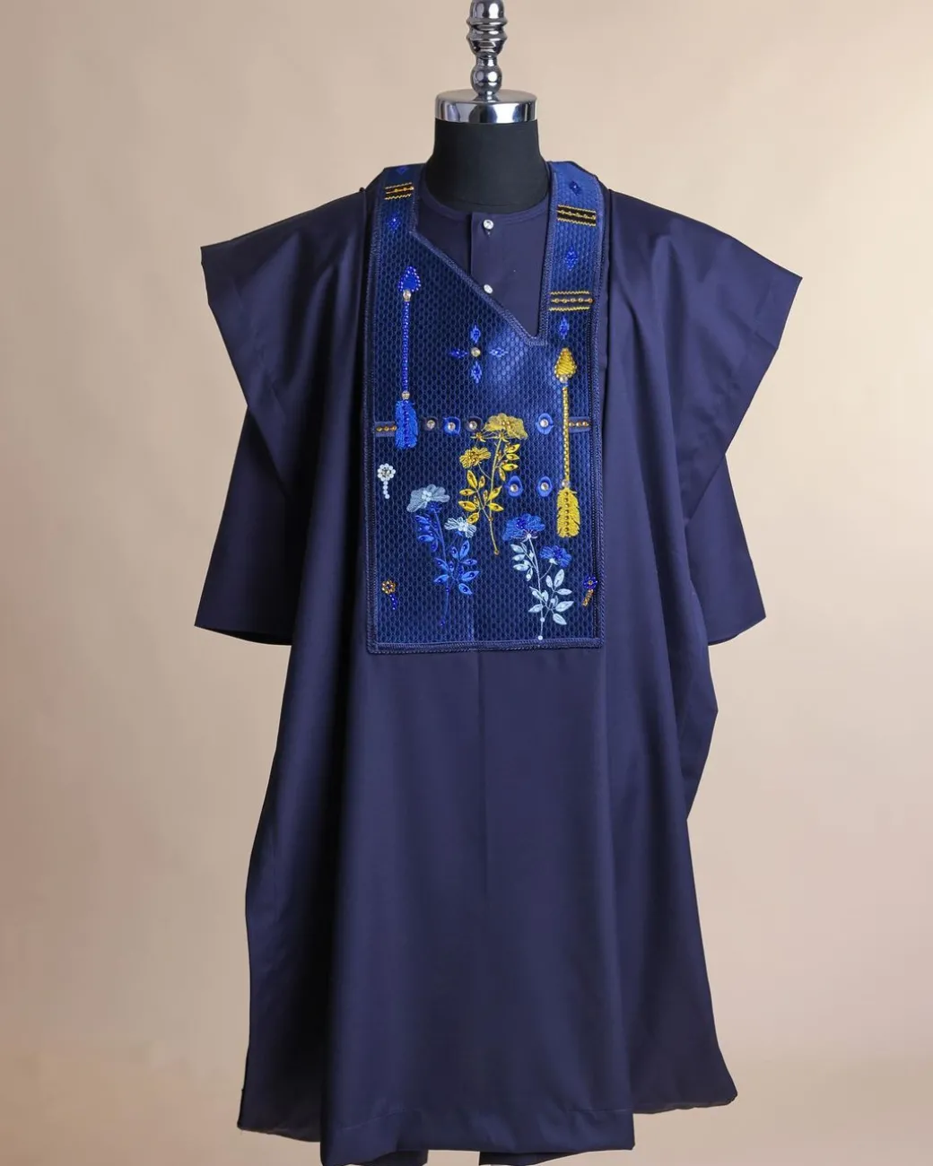 A Midnight blue, arrow and floral metallic wire embroidery design, blue and silver Swarovski stone details agbada