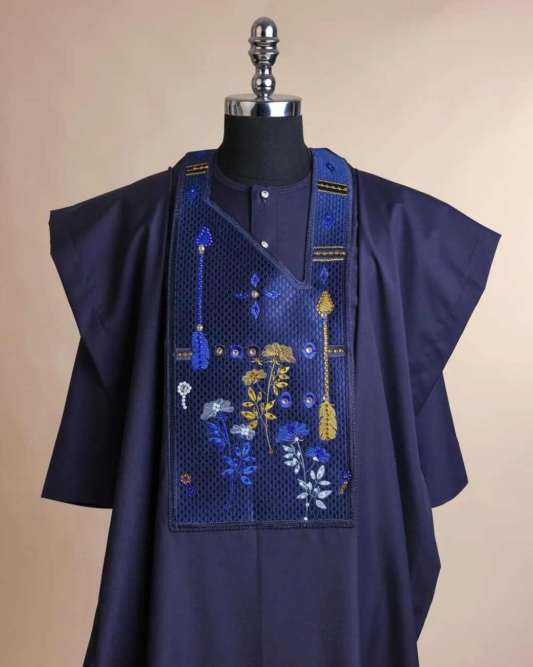 A Midnight blue, arrow and floral metallic wire embroidery design, blue and silver Swarovski stone details agbada