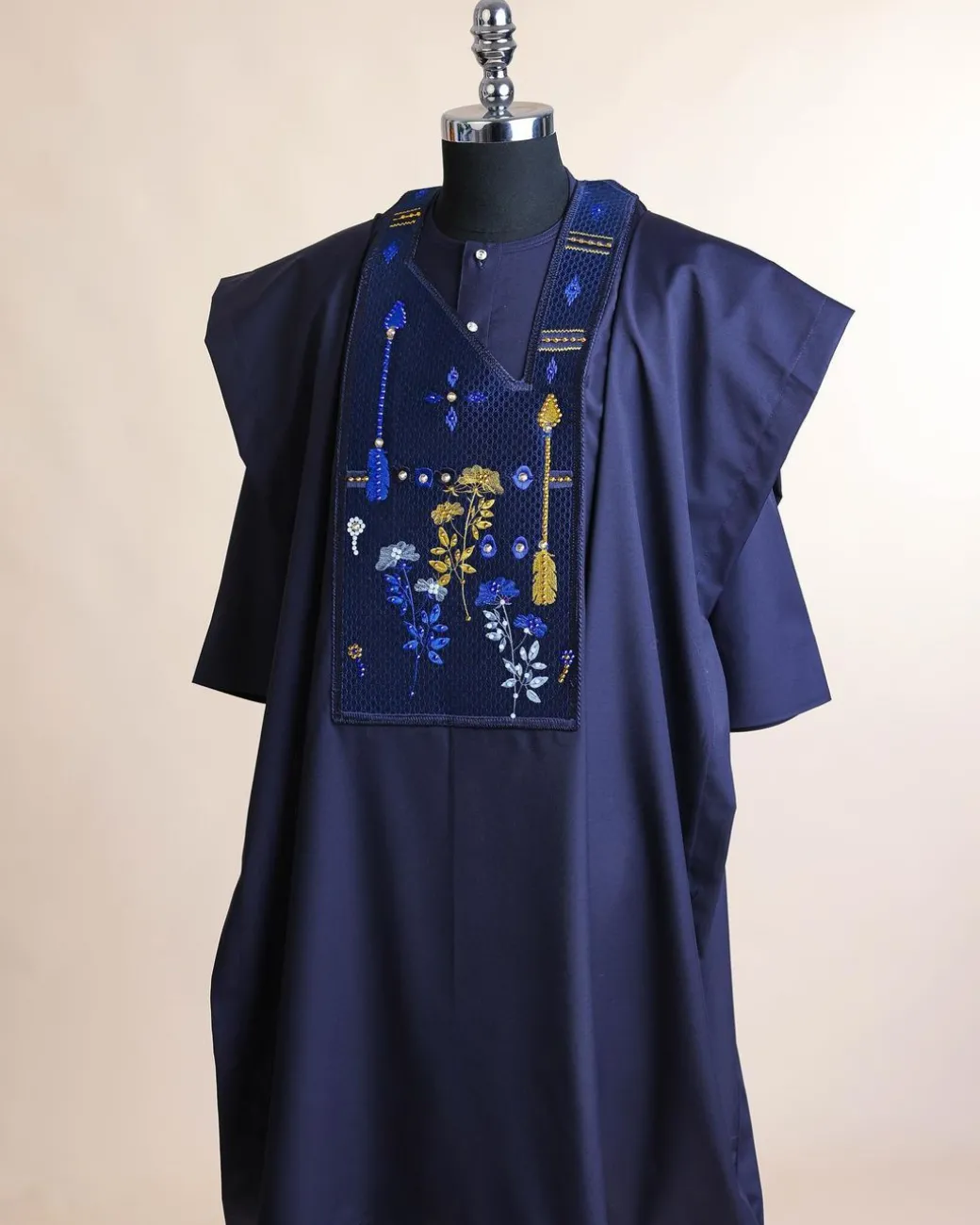 A Midnight blue, arrow and floral metallic wire embroidery design, blue and silver Swarovski stone details agbada