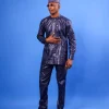 A Midnight Blue Bishop Neck, Side Fflap Embroidery, Front Flap, Long-Sleeve African Senator Kaftan Native.