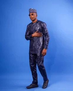 A Midnight Blue Bishop Neck, Side Fflap Embroidery, Front Flap, Long-Sleeve African Senator Kaftan Native.