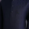 A Midnight blue, broken rectangle and square pattern, jorgecarli, front flap with black Swarovski button, long sleeve African senator kaftan native.