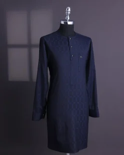 A Midnight blue, broken rectangle and square pattern, jorgecarli, front flap with black Swarovski button, long sleeve African senator kaftan native.
