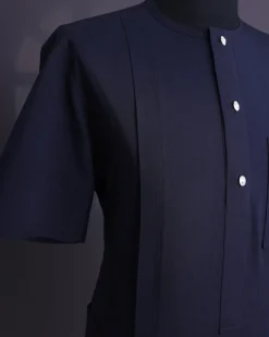 A Midnight blue, brown Aaron wool, front flap with silver Swarovski button, shorts sleeve African senator kaftan native.