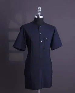 A Midnight blue, brown Aaron wool, front flap with silver Swarovski button, shorts sleeve African senator kaftan native.
